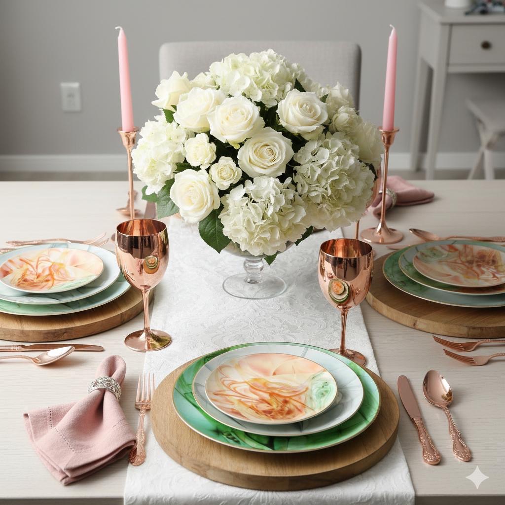 צלחות תכלת אפרסק ירוק לעיצוב שולחן 